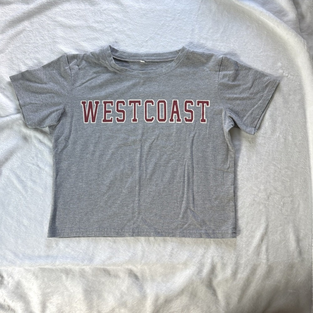 Westcoast Graphic Tee Heather Grey Short Sleeve Crop Top Varsity Style Medium